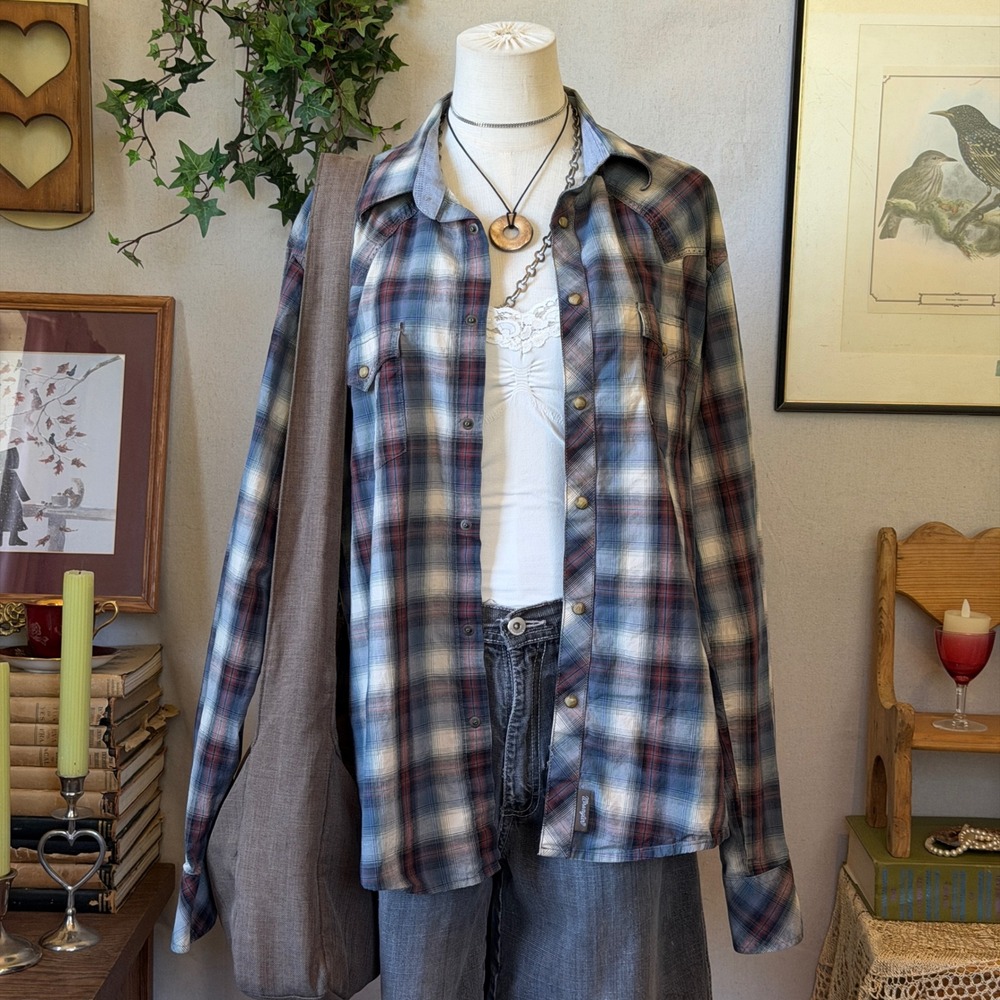 Multicolor Plaid Snap Western Shirt Grunge Y2K Vintage L Oversized Indie Grunge